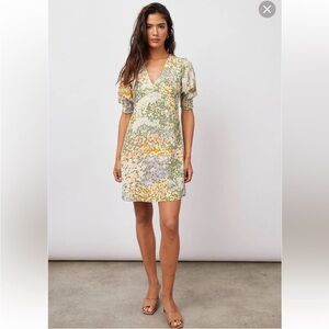 Rails Roma Mini Floral V-Neck Puff Sleeve Dress in Pastel Yellow & Green